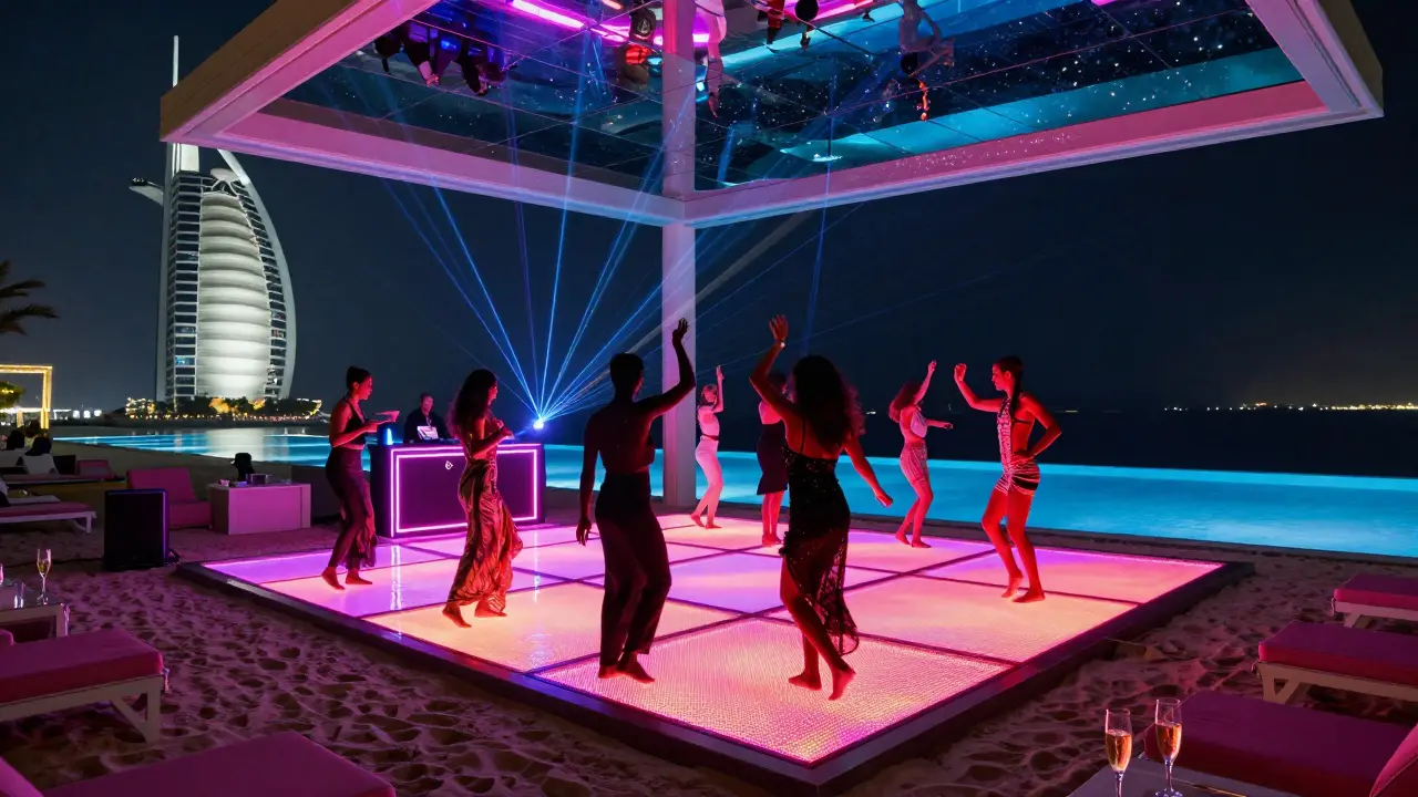 Nighttime dance party at Dubai beach with glowing pool, lasers, and silhouetted guests.