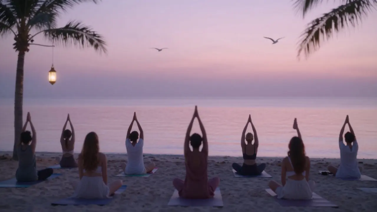 People practicing sunrise yoga on the sand at a luxury beach club in Dubai, calm ocean in background.