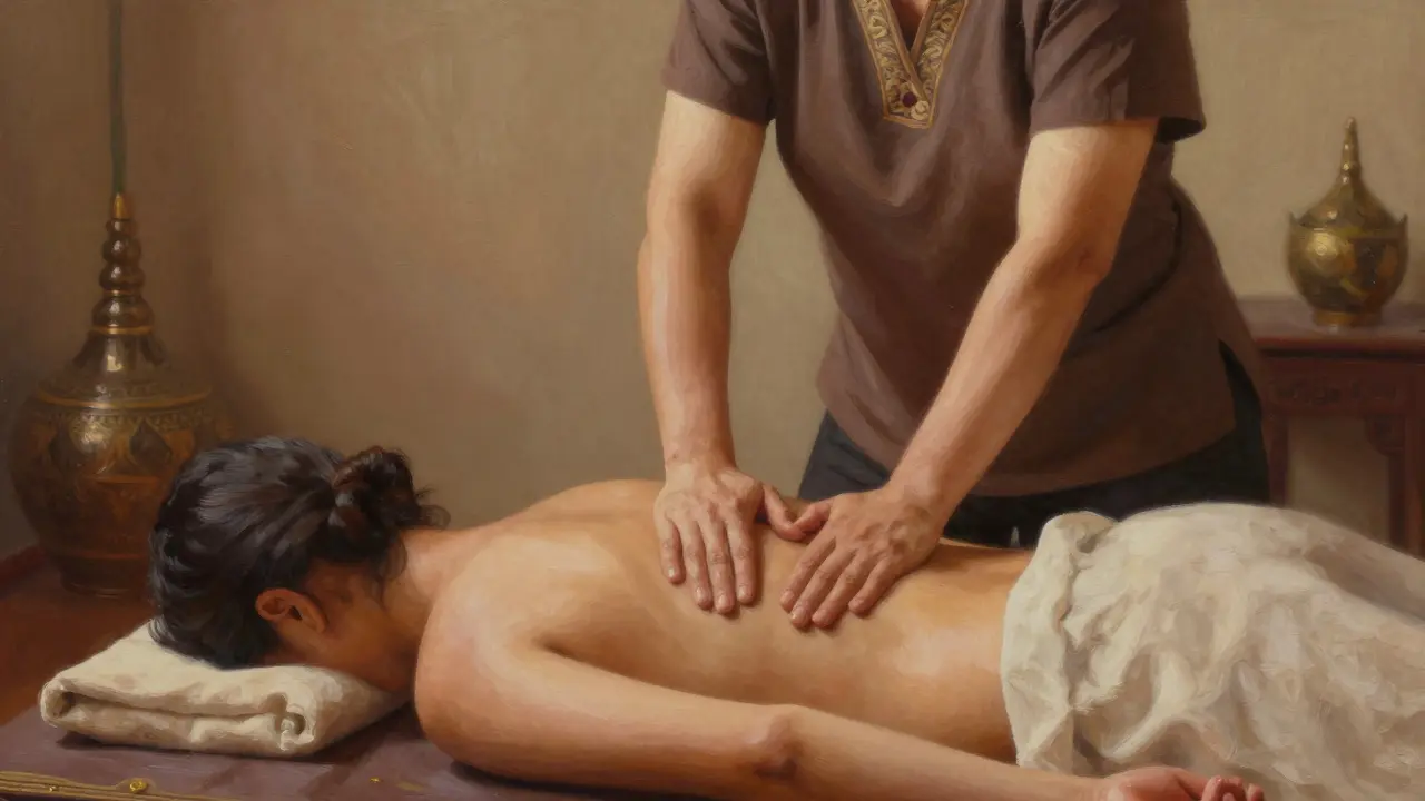 Therapist performing Thai massage stretching on client in peaceful environment.
