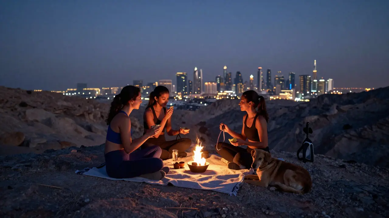 Three women resting on a mountain ledge in Hatta with a rescue dog, Dubai skyline glowing softly in the distance.