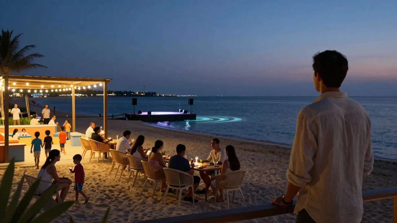 Twilight transition at beach club: families give way to adults enjoying cocktails under string lights.