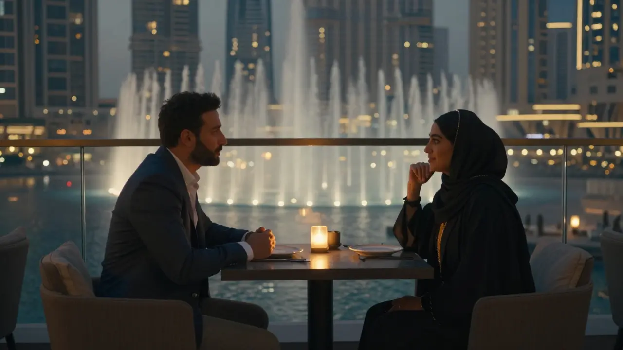 Two people share a quiet moment at a rooftop lounge in Dubai, the city lights and fountain glowing softly in the background.