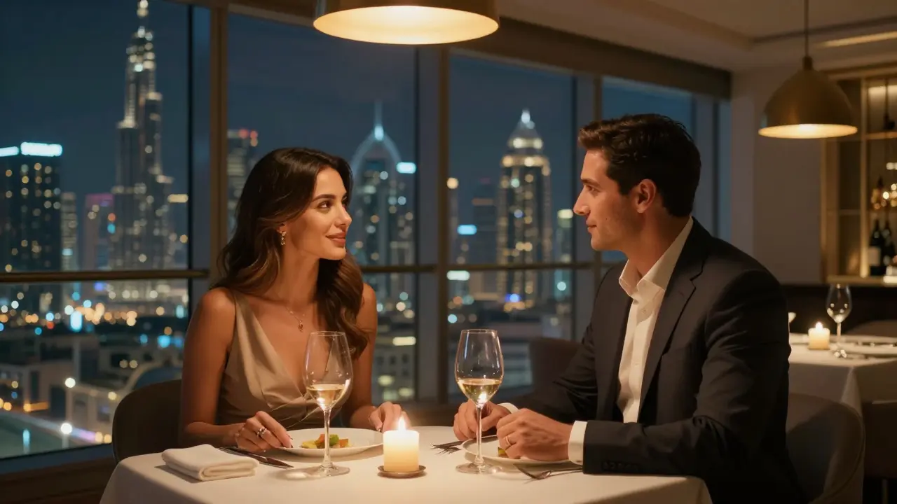 A couple sharing an intimate dinner in a Dubai penthouse, connected through quiet conversation and soft lighting.