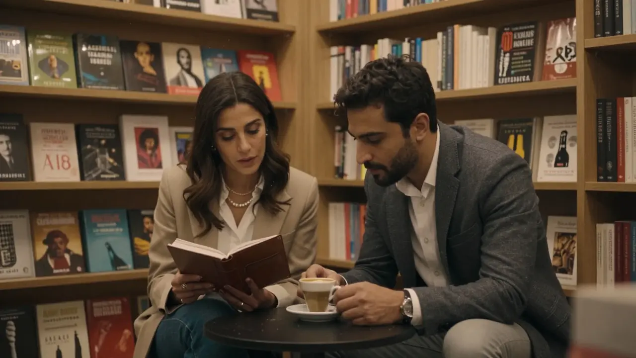 A couple sharing coffee in a hidden Alserkal Avenue bookshop, surrounded by art books.
