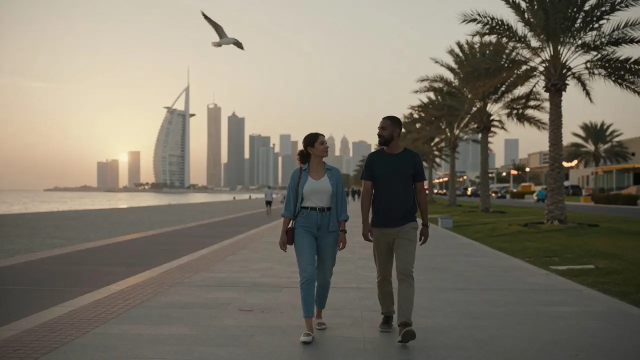 A couple walking peacefully along the Palm Jumeirah at sunset with the Dubai skyline behind them.