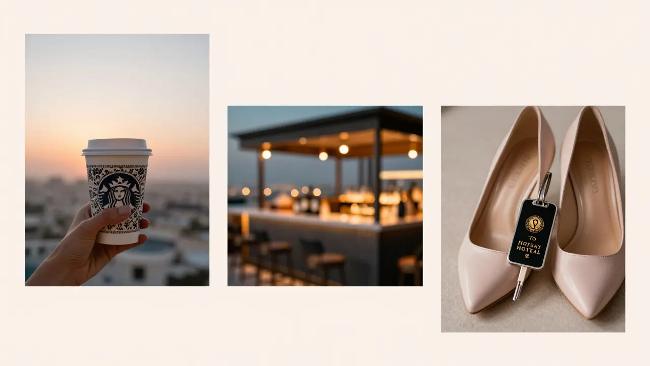 A curated collection of discreet lifestyle details: a coffee cup, city skyline, and hotel keycard, evoking private companionship in Dubai.