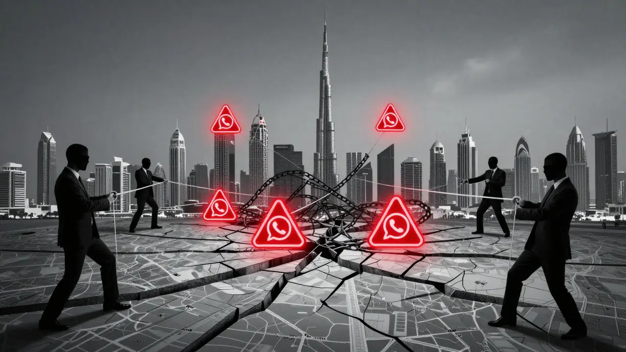 A digital map of Dubai with warning symbols over WhatsApp icons, bound by chains under surveillance.
