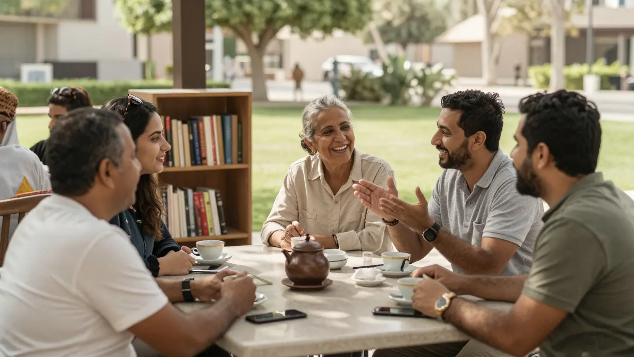 A diverse group of expats enjoying tea and conversation in a Dubai park, fostering genuine human connection.
