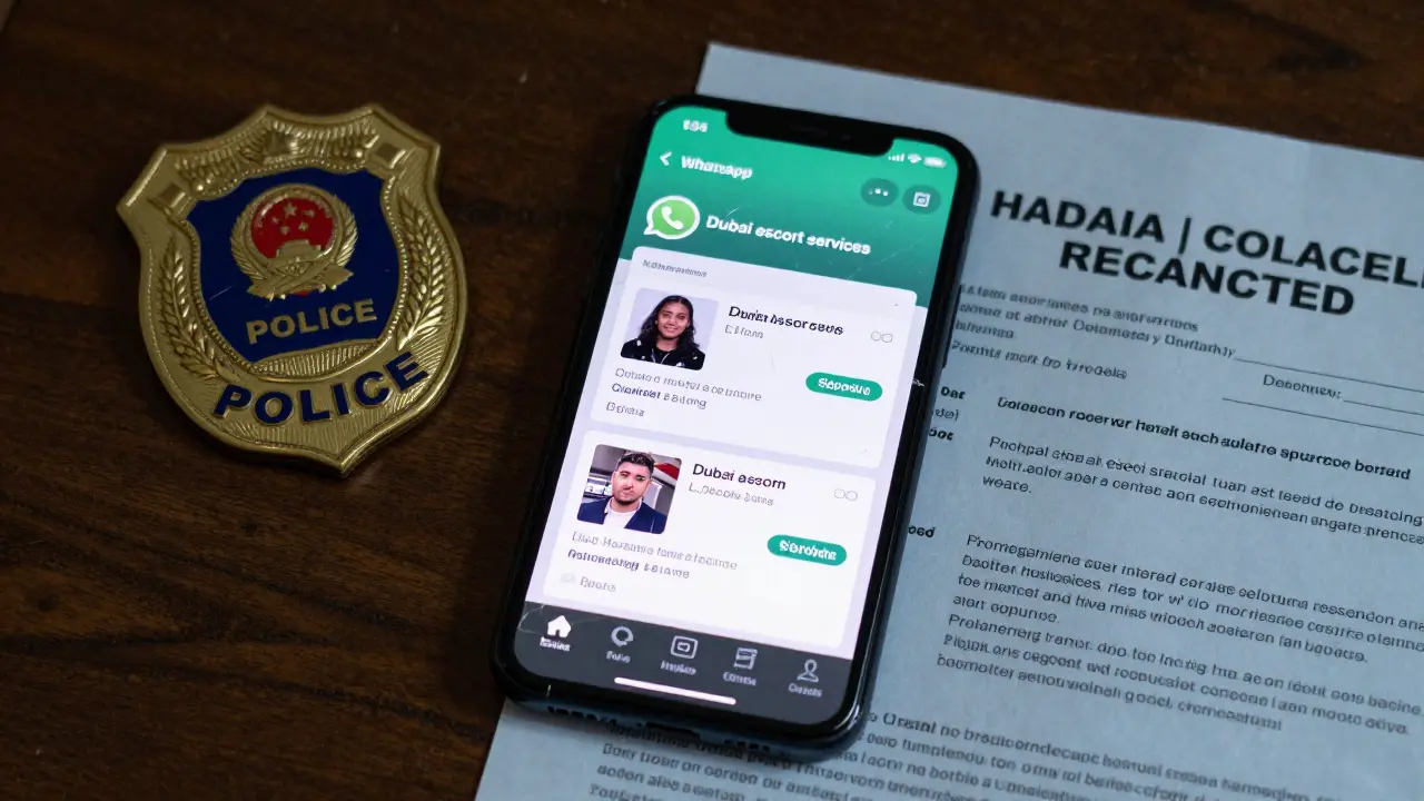 A fraudulent escort ad on a phone next to a police badge and deportation notice, symbolizing legal risk.