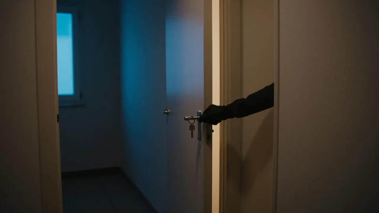A gloved hand turns a key in a nondescript Dubai apartment door, hallway lit in cool blue, no faces visible, only secrecy and calm.