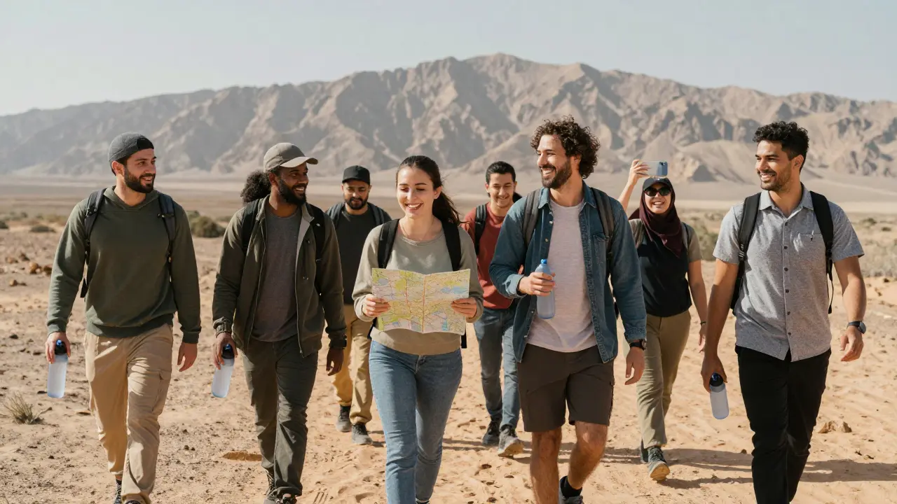 A group of people hiking together in Hatta, laughing and enjoying nature in daylight.
