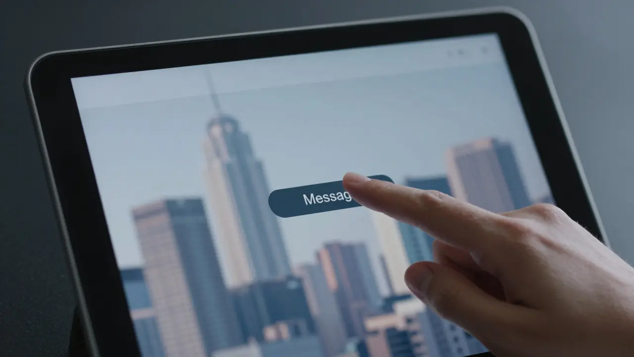 A hand hovering over a tablet with a discreet escort service interface, emphasizing caution and vetting.