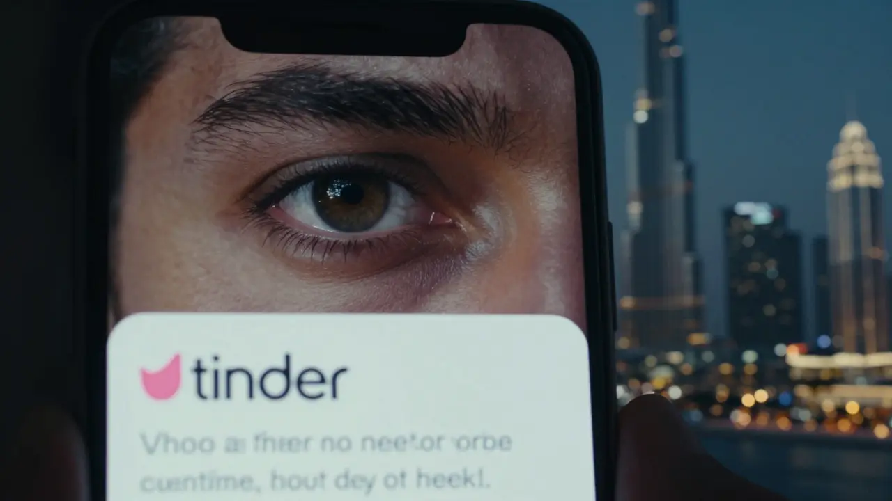A person's eye reflecting a smartphone screen with a suggestive dating app message.