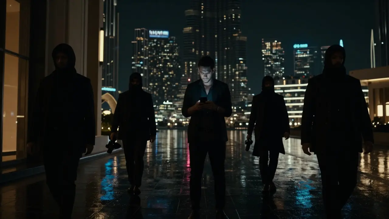 A person outside a Dubai hotel nervously approached by shadowy figures with a hidden camera.