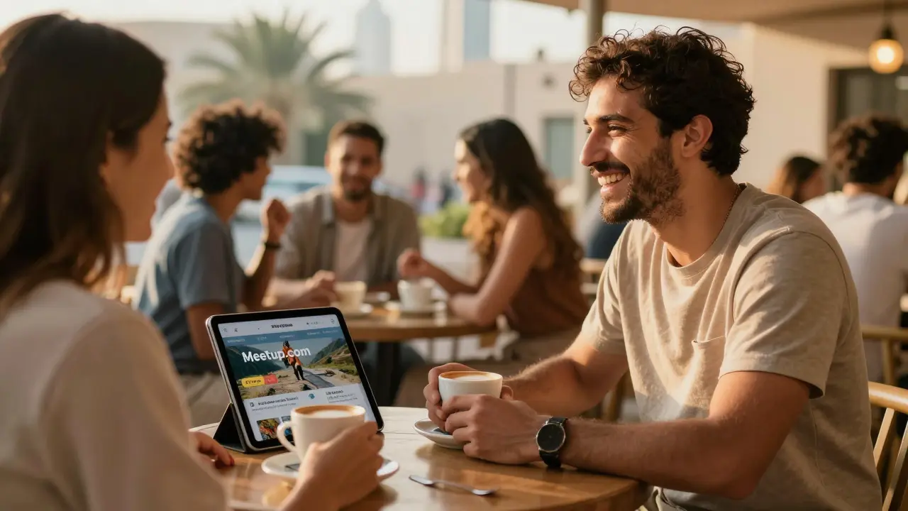 A person socializing at a Dubai café with friends, enjoying coffee and conversation in warm light.