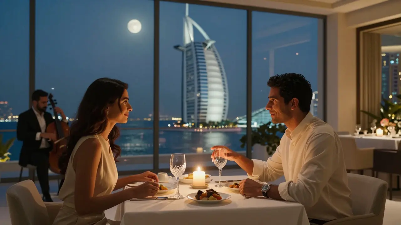 A private candlelit dinner at Burj Al Arab with a string quartet playing, surrounded by Dubai's glittering skyline.