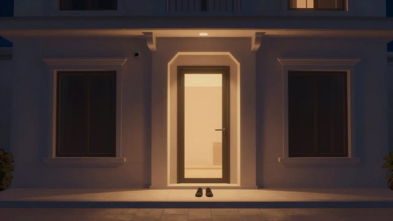 A private villa at night in Dubai, doors closed, lights dim, atmosphere of discreet intimacy.