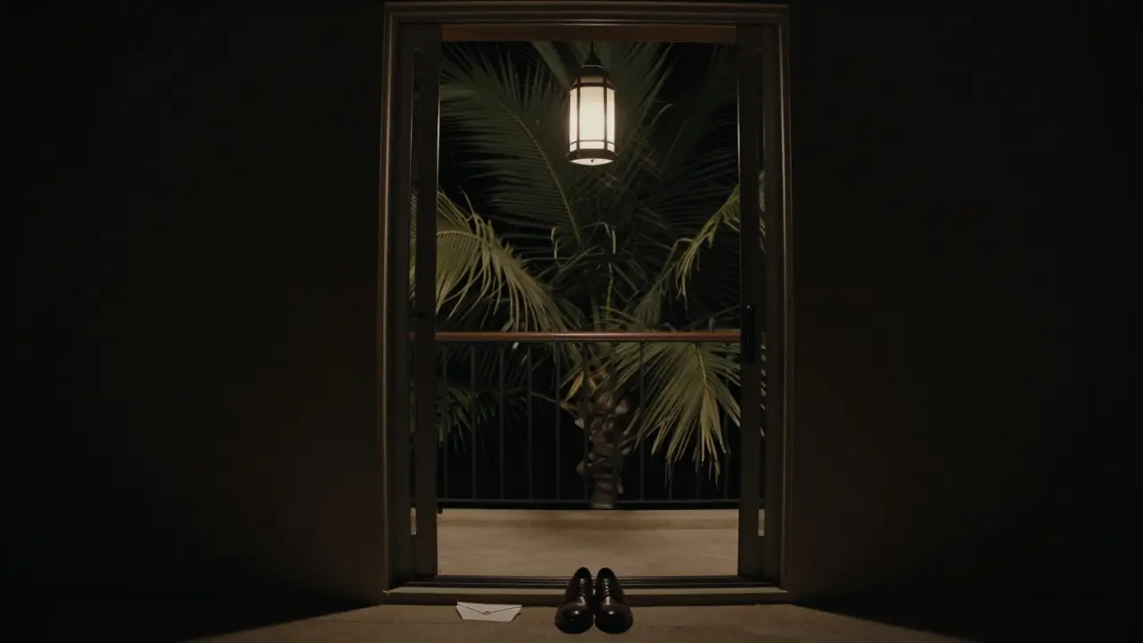 A private villa door at midnight with a single lantern glowing on the balcony, no sign or name.