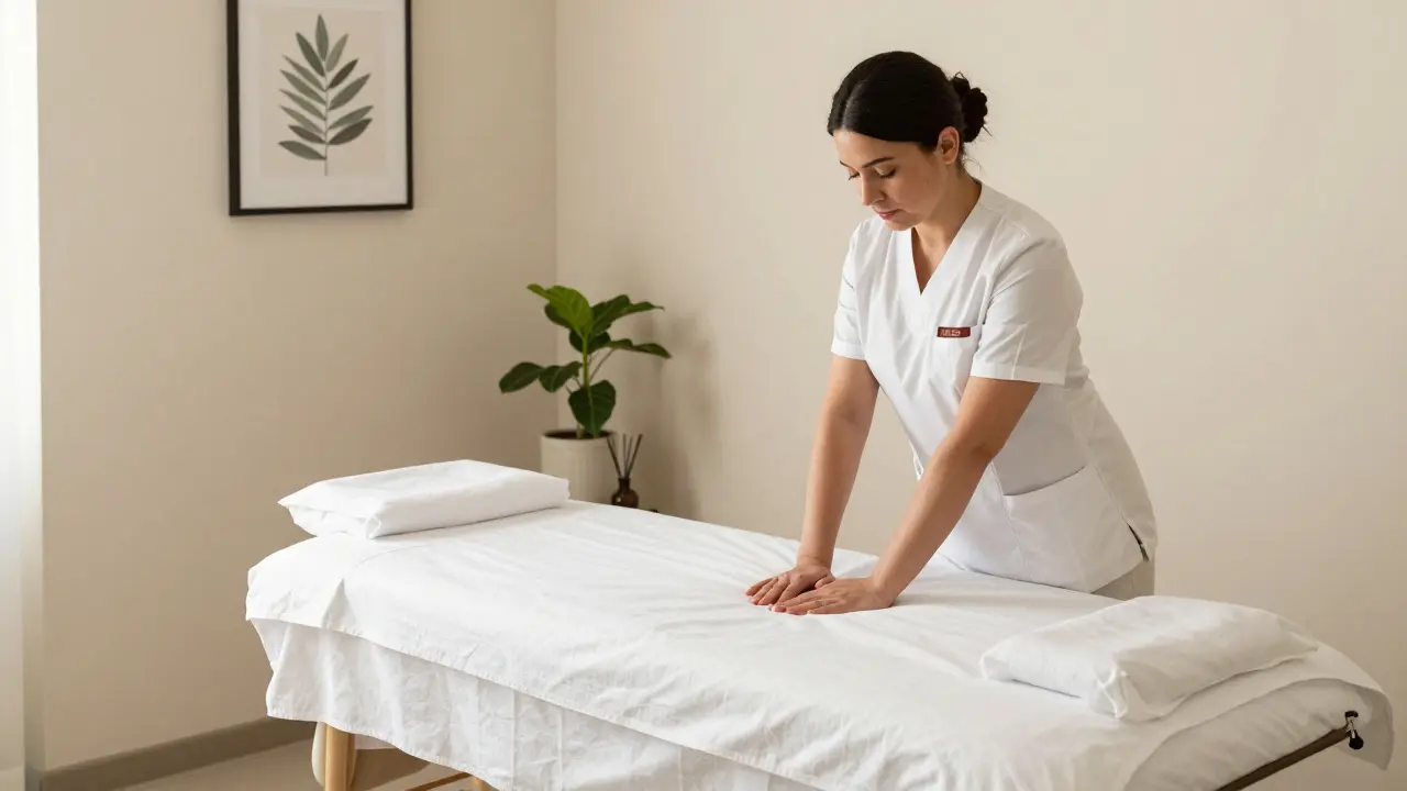 A professional massage therapy room in Dubai with clean linens and soft natural light.