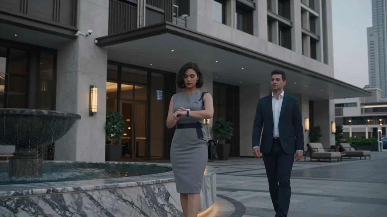 A professional meeting in a modern Dubai hotel lobby, subtle and discreet.