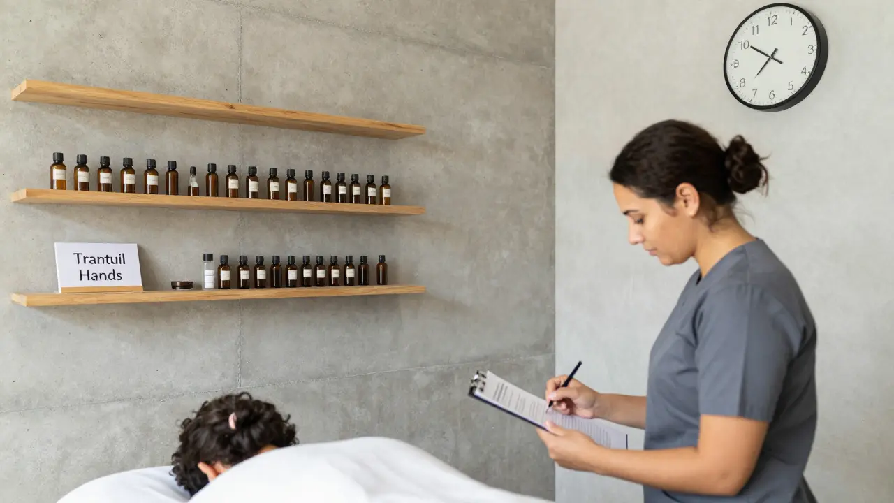 A quiet, authentic massage studio in Al Quoz with a therapist reviewing client details.