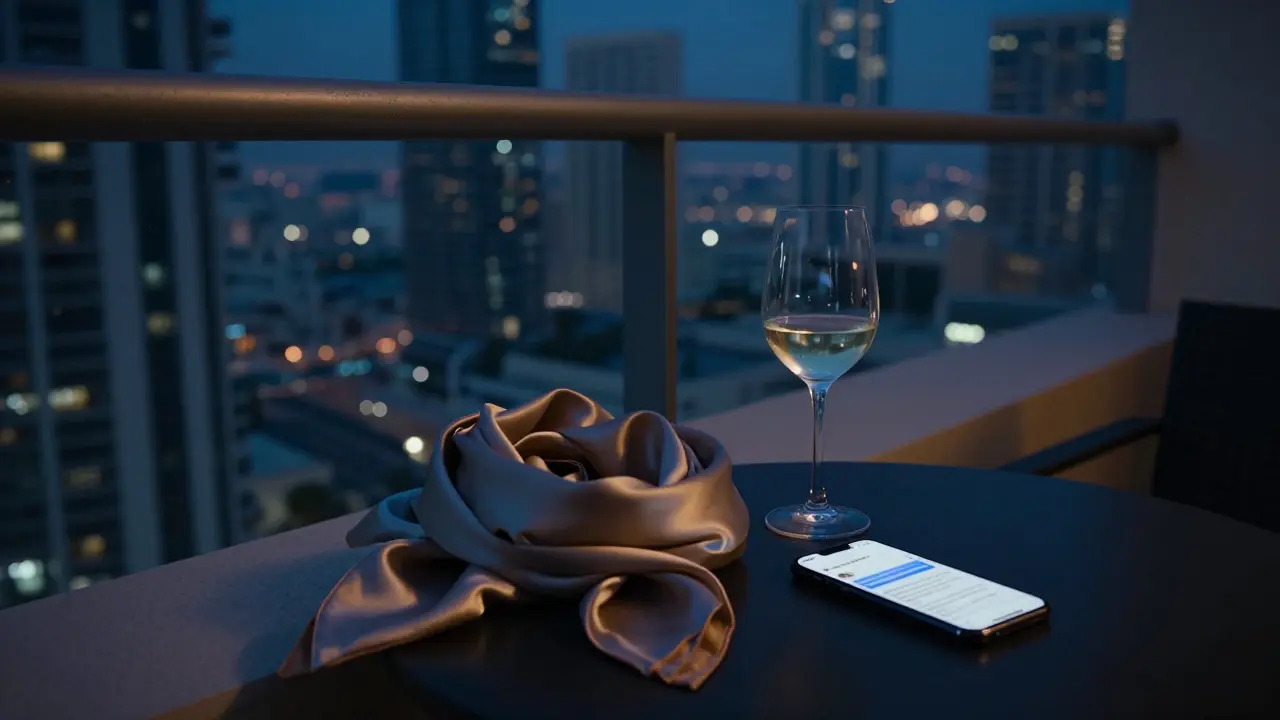 A quiet balcony view of Dubai's skyline at night, with a wine glass and smartphone suggesting thoughtful connection.