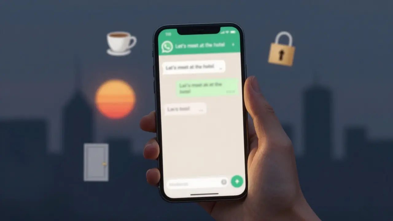 A smartphone showing a blurred WhatsApp message about meeting, surrounded by symbols of quiet connection.