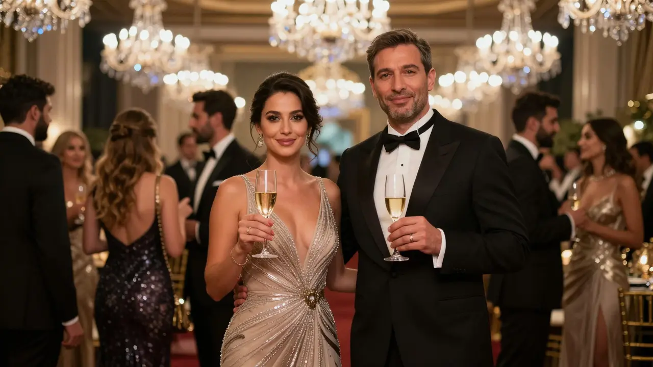 A well-dressed couple raising champagne at a glamorous Dubai gala event.