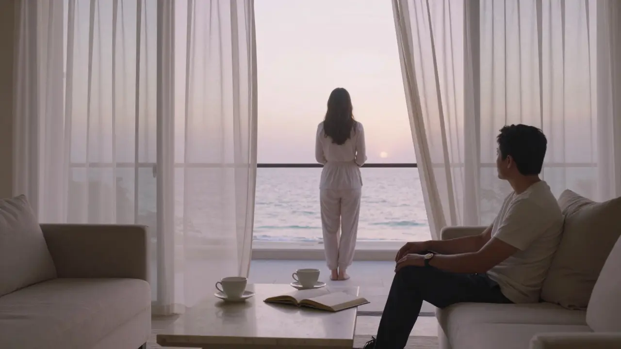 A woman stands by the ocean at dawn in a private Dubai villa, a man sits nearby in silent peace, curtains drifting with the sea breeze.