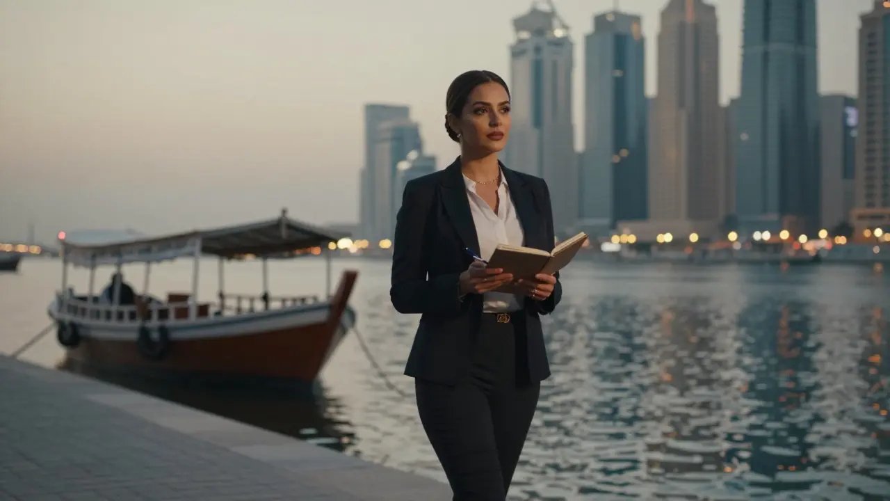 A woman walking along Dubai Creek at dusk, thoughtful and composed, with modern skyline and traditional dhow boats in the distance.