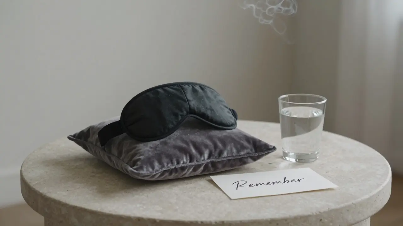 An empty room with a blindfold and a note saying 'Remember' on a velvet cushion.