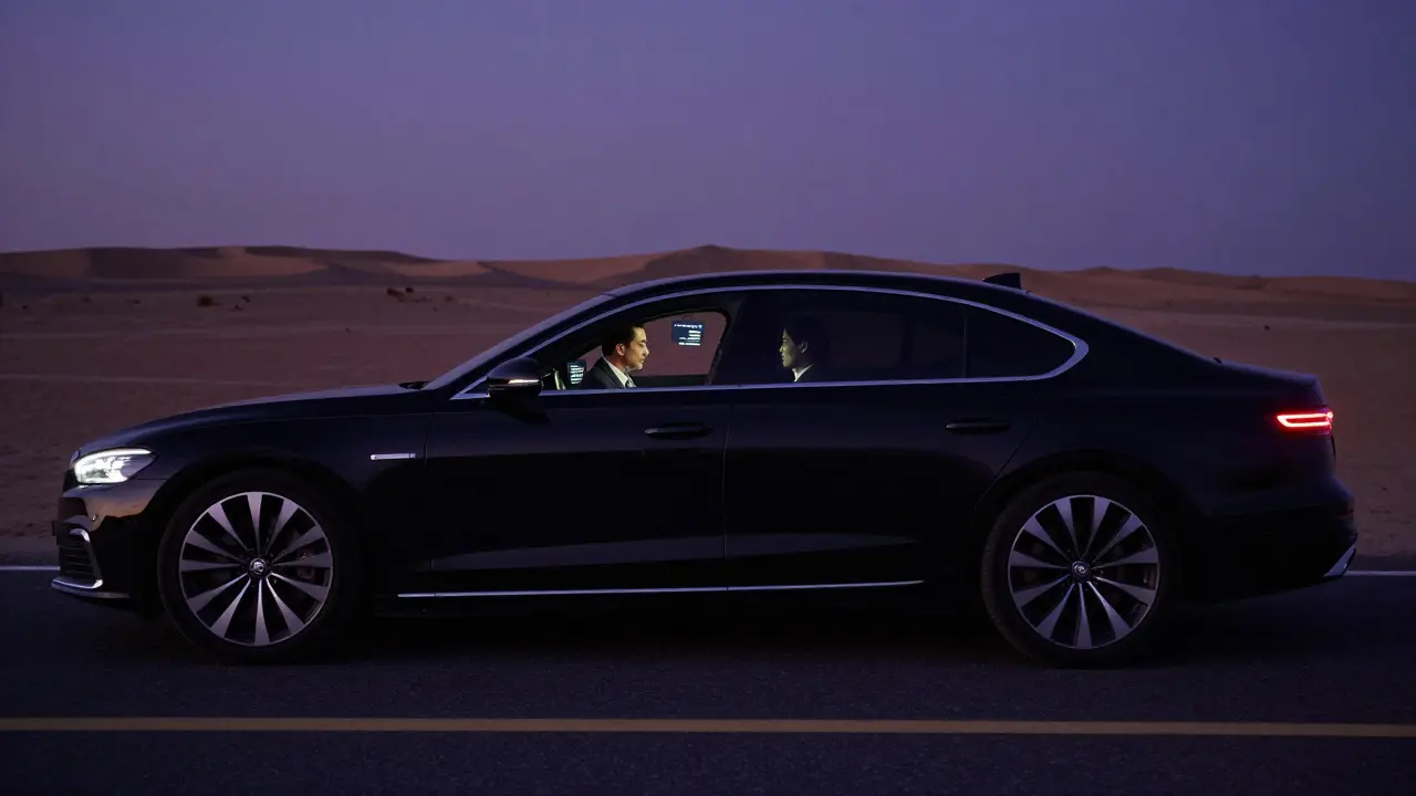 An unmarked luxury car driving through the desert at dusk, with encrypted communication glowing softly inside.