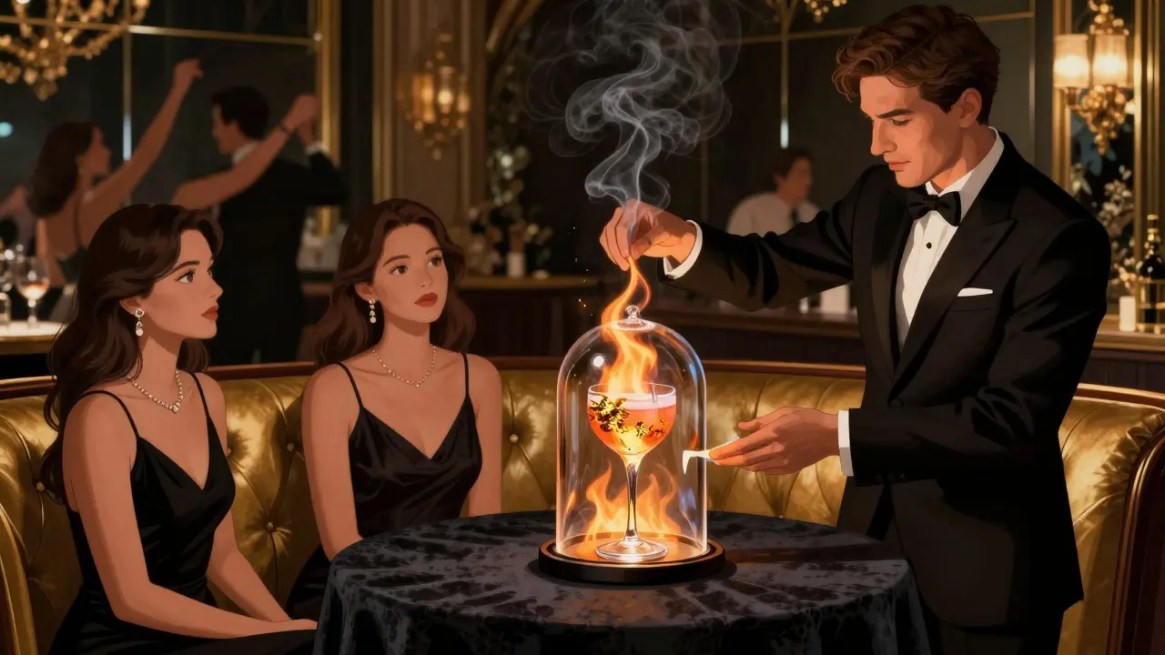 Bartender performing a dramatic cocktail presentation with gold leaf and smoke, elegant guests watching in awe.