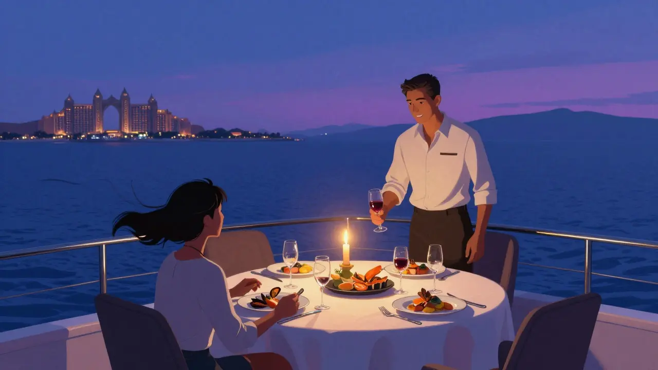 Candlelit dinner on a yacht at twilight with gourmet food and Atlantis hotel in the distance.