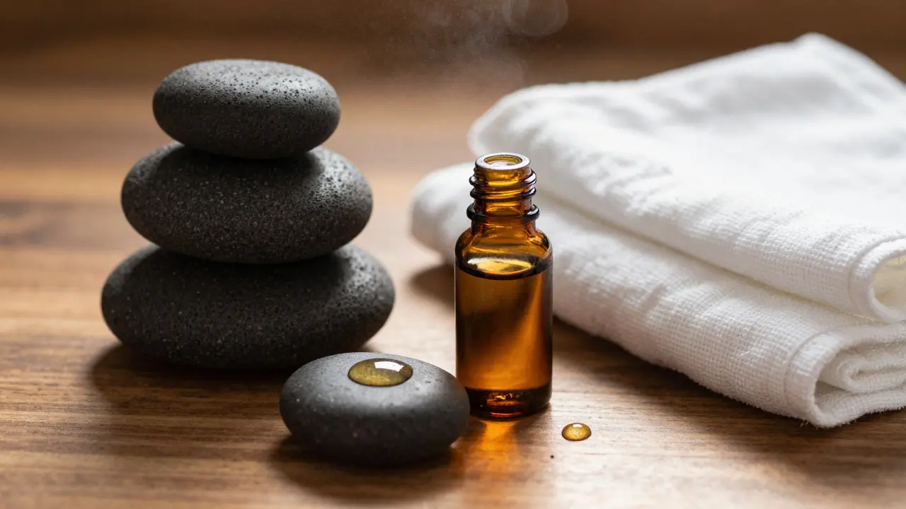 Close up of hot stones and essential oils on towel.