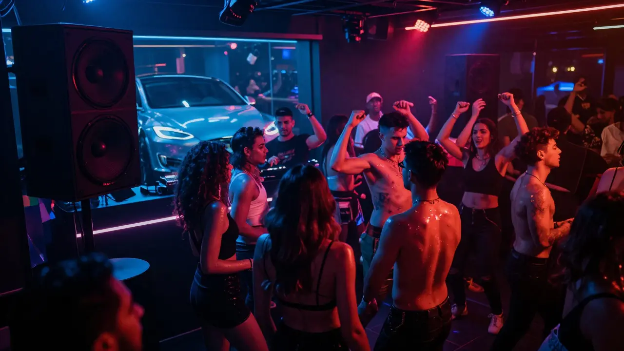 Crowded nightclub with pulsing neon lights and dancers moving to EDM music under strobes.