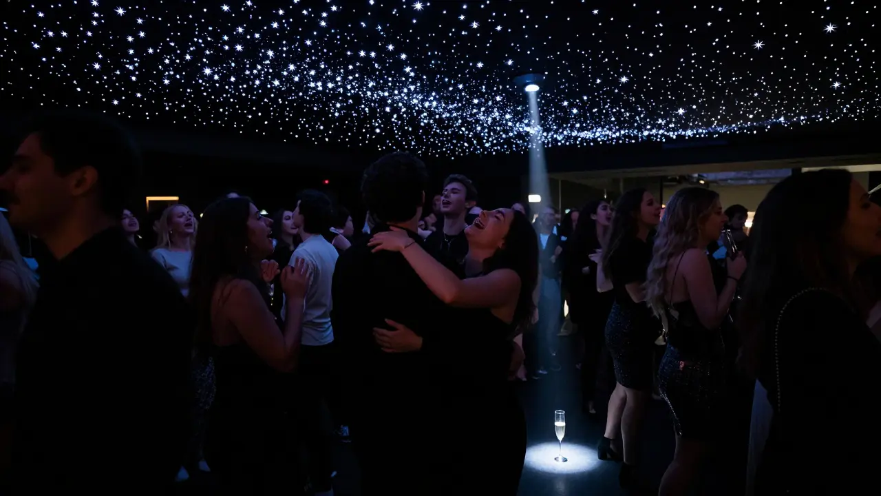 Dimmed dance floor at 3 AM, people hugging and singing under a ceiling of pulsing LED stars, raw emotion in the air.