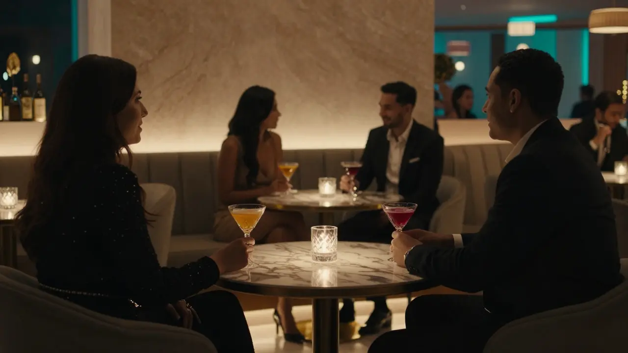 Elegant guests socializing in a dimly lit upscale lounge bar