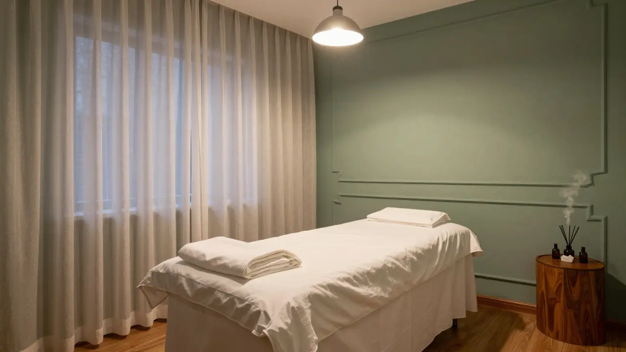 Empty massage room with bed and linens ready.