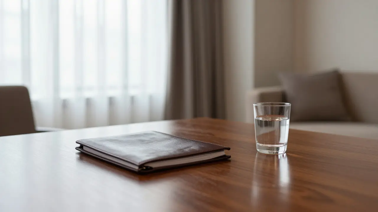 Empty professional consultation desk with leather portfolio