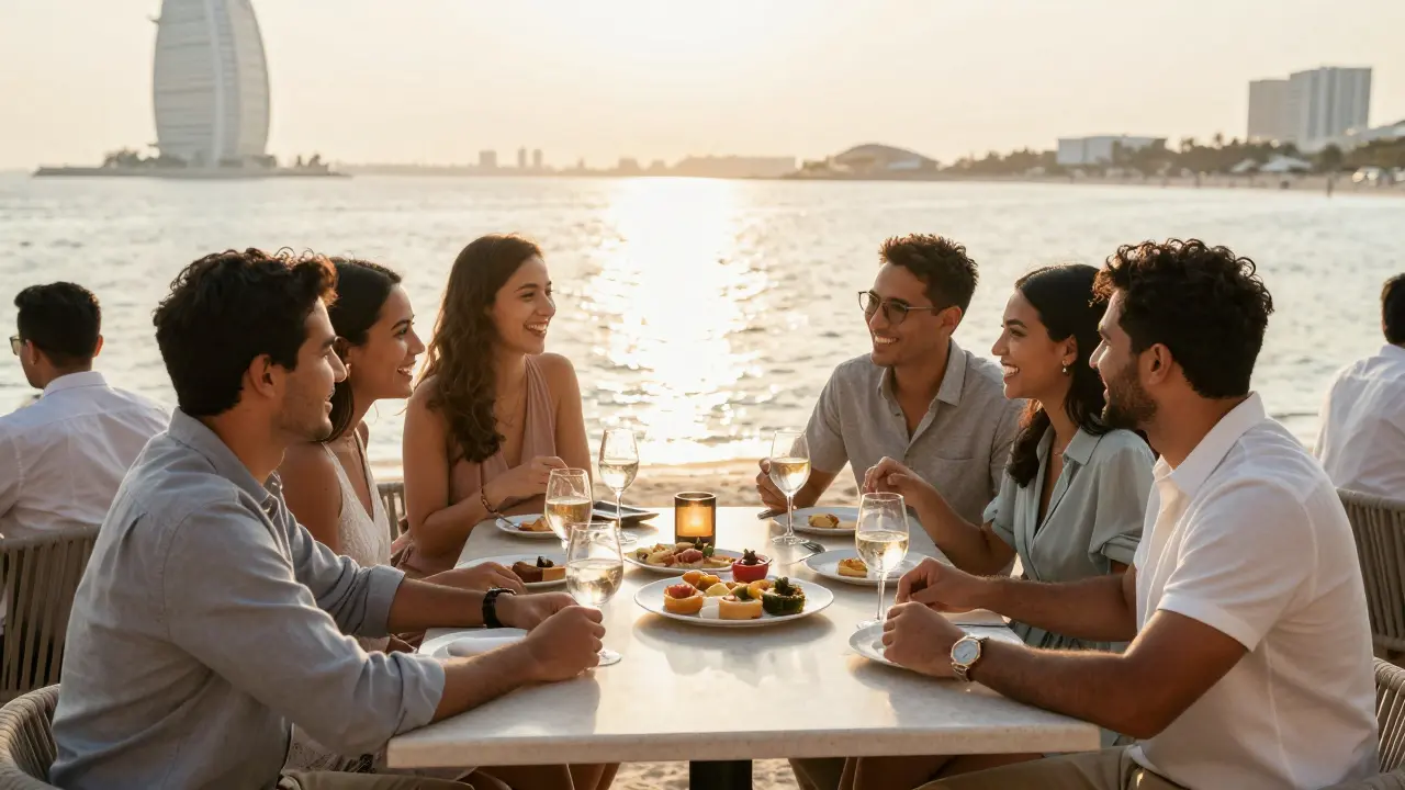 Friends enjoying drinks at a waterfront beach club during sunset