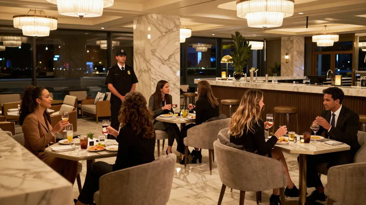 Guests socializing safely in a luxury hotel lounge