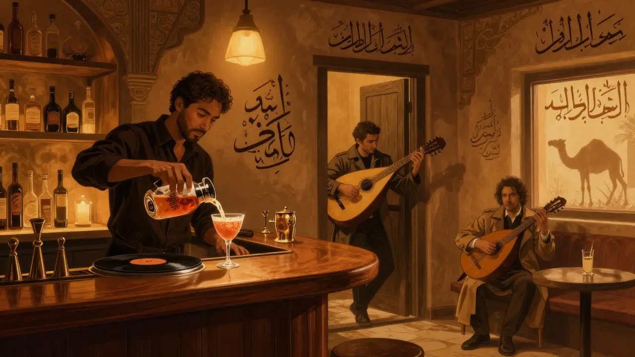 Hidden speakeasy with warm lighting, a bartender pouring a drink, and oud music playing softly.