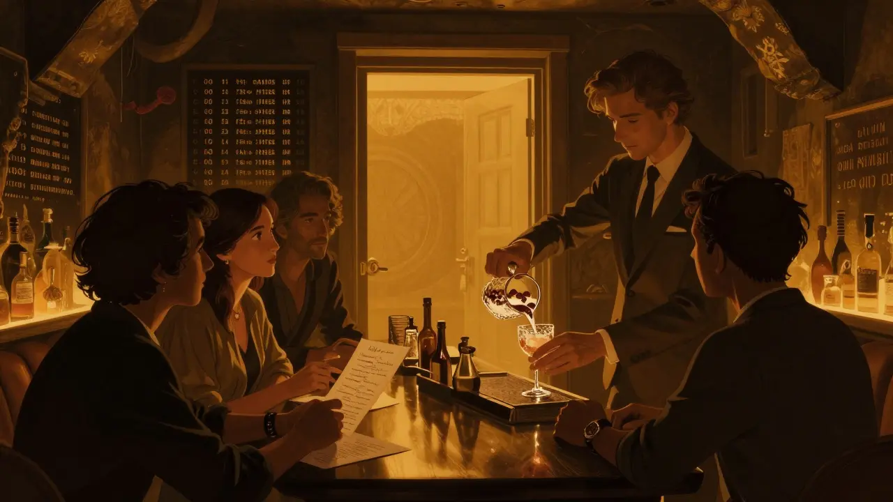 Hidden underground lounge in Dubai with bartender preparing a smoked gin cocktail, warm lighting and handwritten menu.