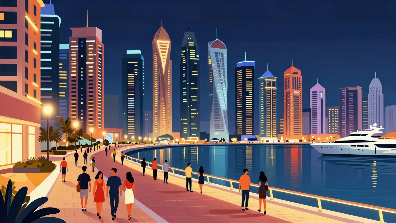 Illustrated view of Dubai Marina waterfront promenade lit up at night