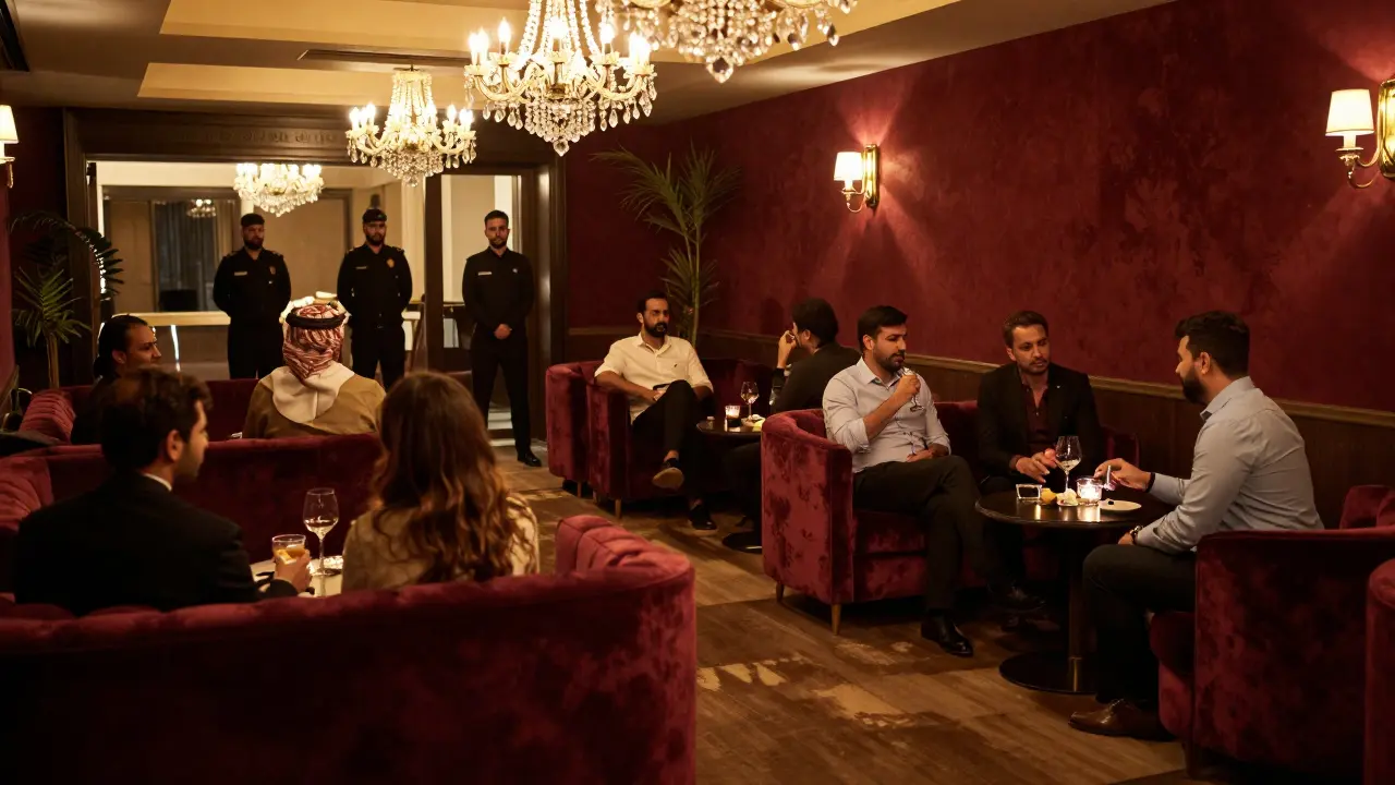Interior of an elegant Dubai lounge with patrons and warm lighting