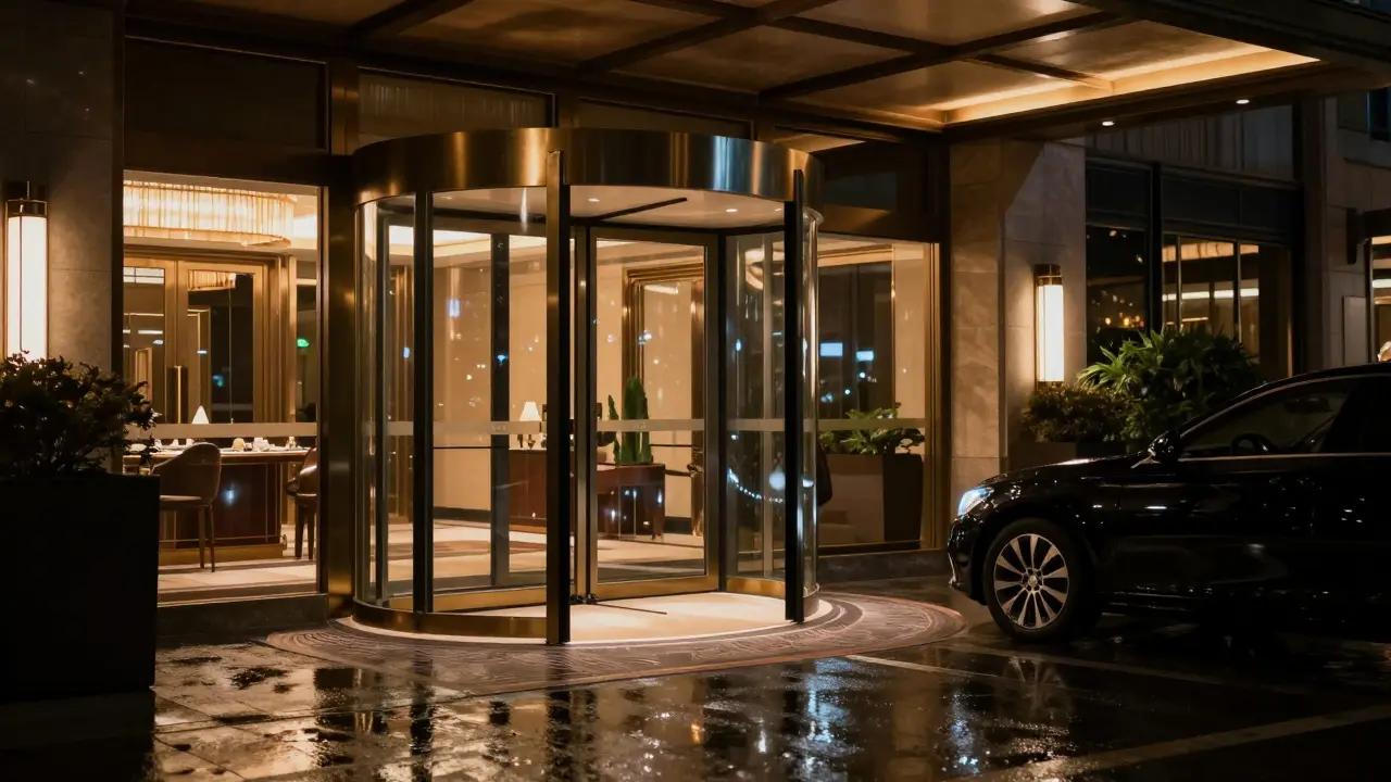 Luxury hotel entrance at night with wet pavement reflections