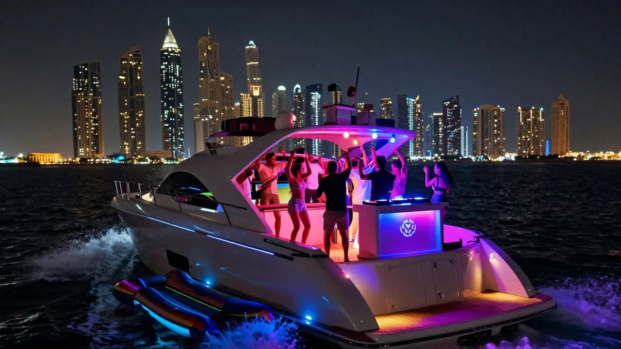 Nighttime yacht party with LED lights and dancing guests under stars, Dubai skyline in background.