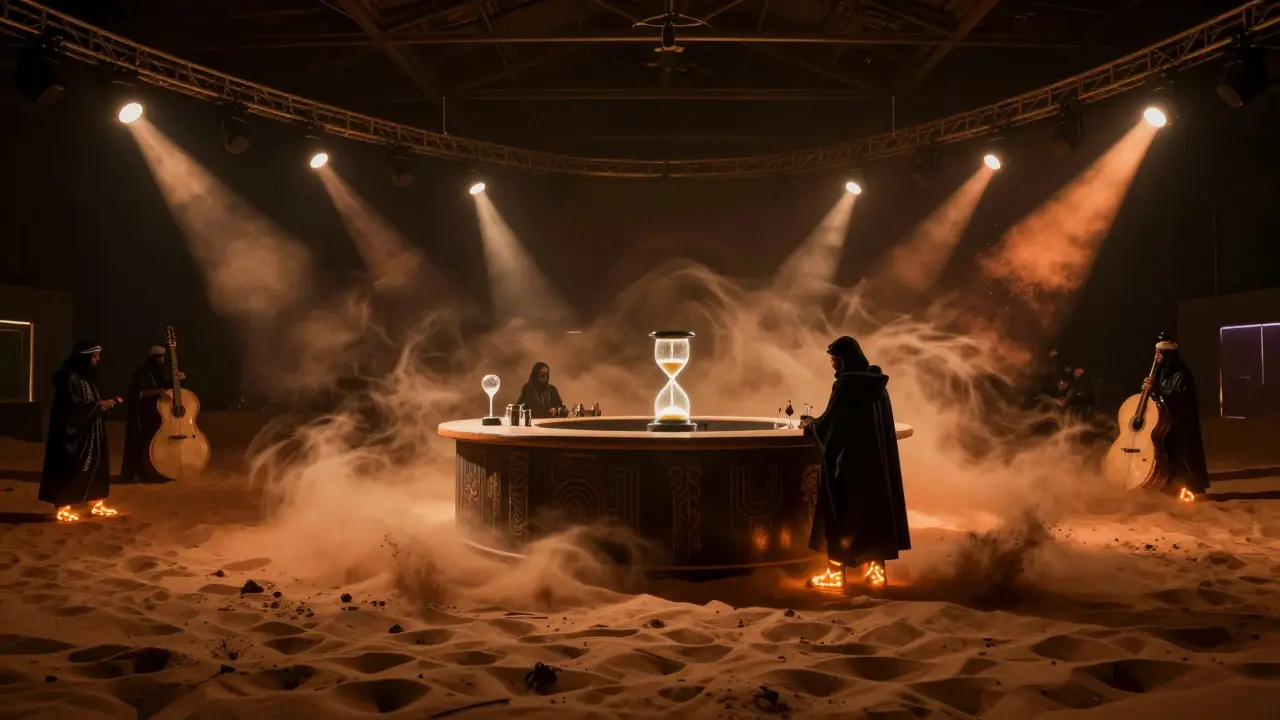 People in glowing boots and thermal cloaks dancing in a sandstorm inside a dark desert-themed club.