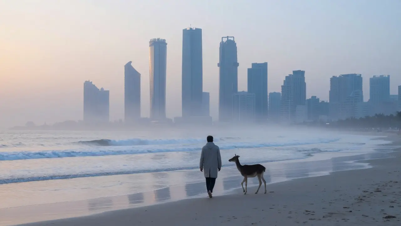 Silhouettes walking barefoot along Jumeirah Beach at dawn, city skyline in the distance.
